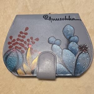 Anuschka Blue and Gray Leather Wallet with Cactus Art - RFID Blocker!